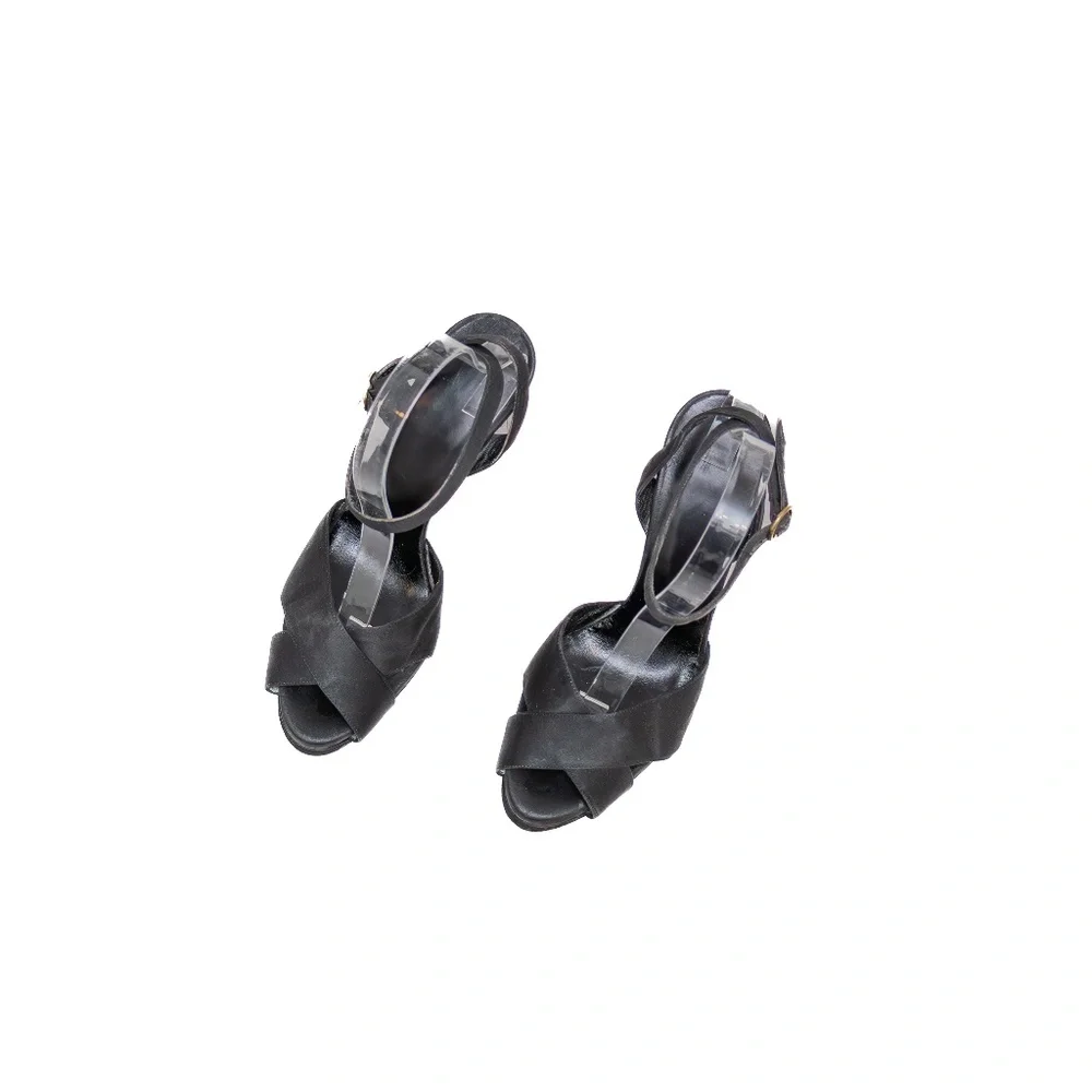 Vintage Yves Saint Laurent Black Satin Ankle Strap High Heel Sandals – Size 36.5 - Picture 5 of 9